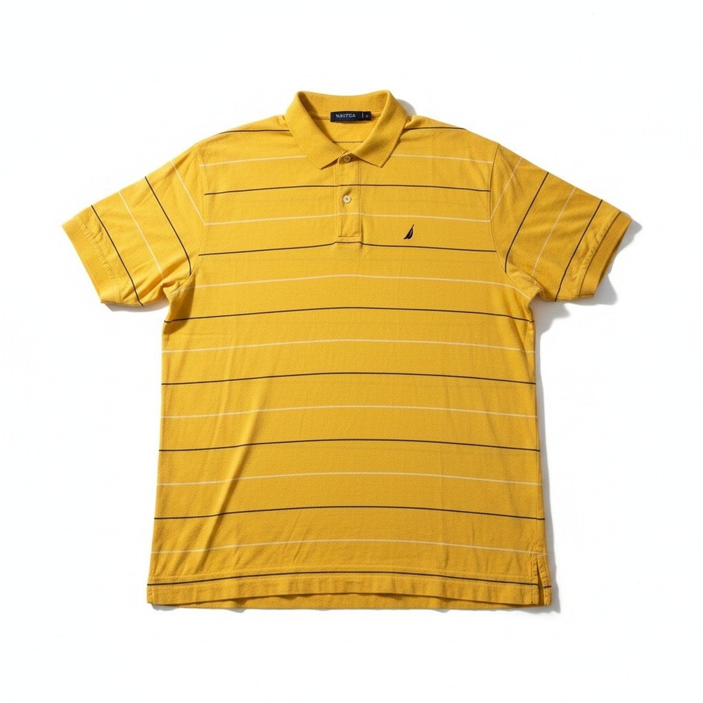 Nautica L Yellow Striped Short Sleeve Polo Shirt Mens Casual Preppy Vintage